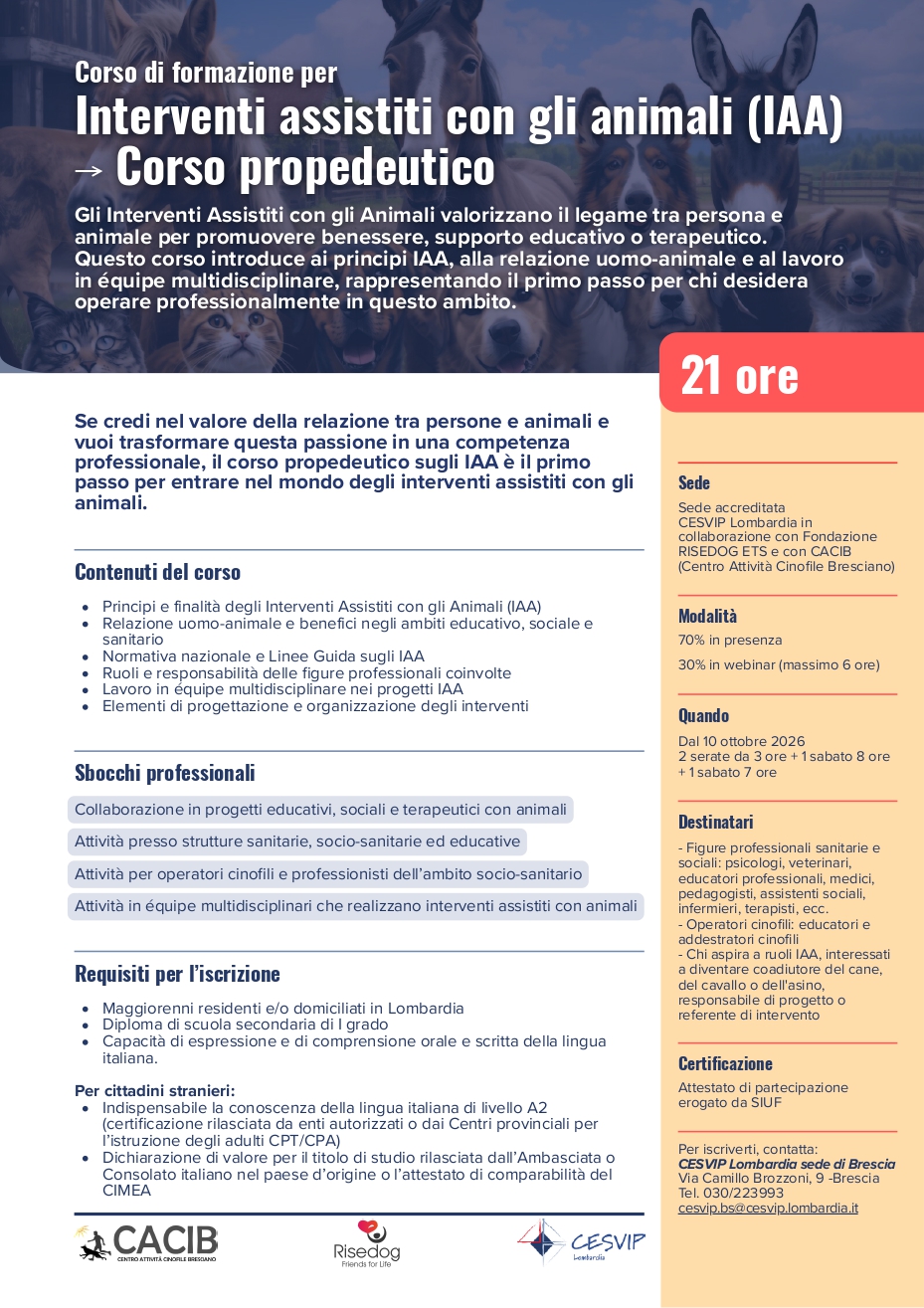 CORSO PROPEDEUTICO IN IAA IN PARTENZA AD OTTOBRE